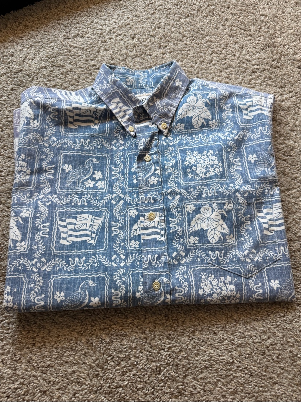 reyn spooner Blue White Short sleeve Button Up Hawaiian Flag Shirt Mens M